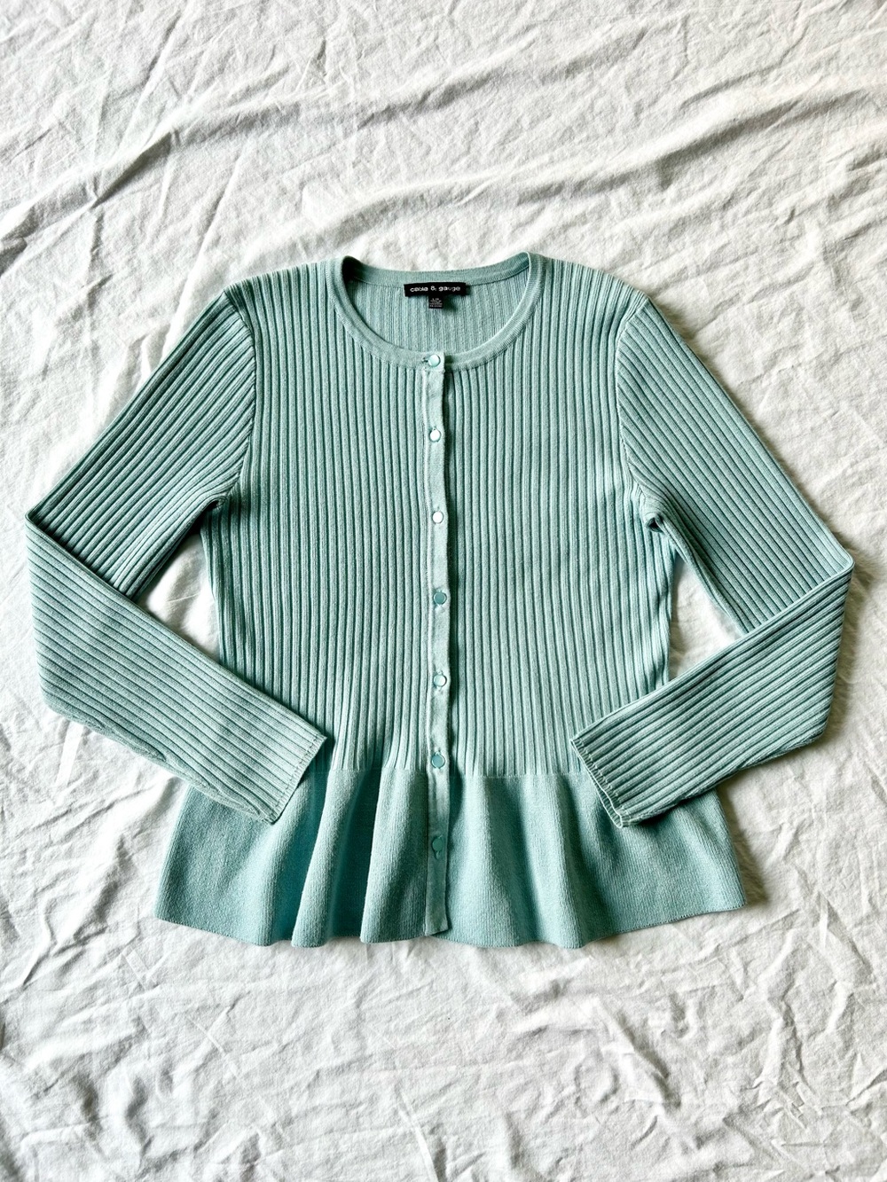 Cable & Gauge Aqua Ribbed Knit Peplum Button Down Cardigan Sweater